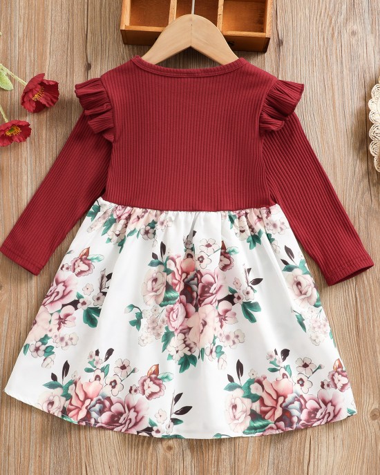 【0M-7Y】Girls Sweet Floral Print Red Dress And Romper ( Sold Separately ) - 33266