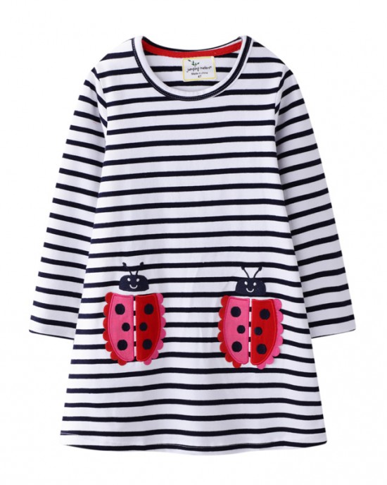 【18M-9Y】Sweet Embroidery Black And White Striped Long Sleeve Knitted Dress - 33261