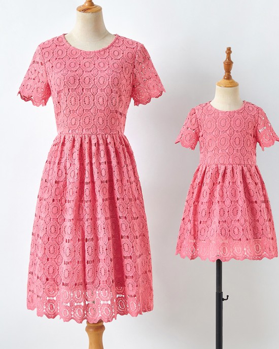 Sweet Pink Lace Short Sleeve Mom Girl Matching Dress - 13130