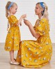 Sweet Flower Print Square Neck Puff Sleeve Yellow Mom Girl Matching Dress