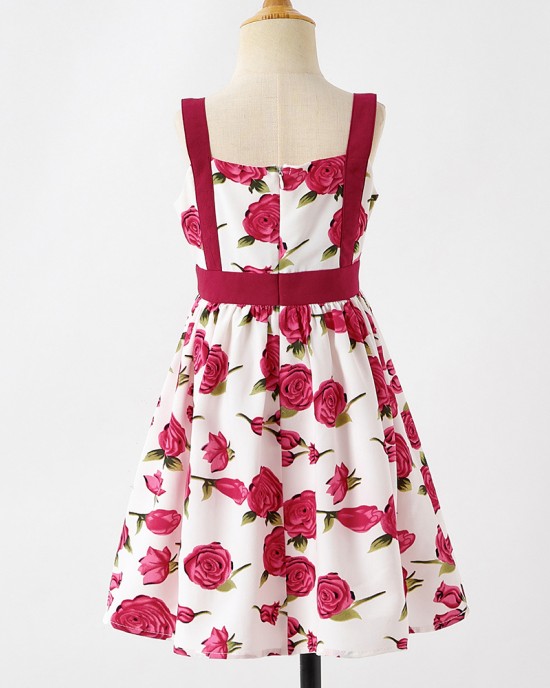 Sweet Rose Red Flower Mom Girl Matching Dress