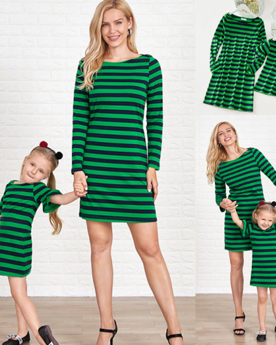 Casual Green Knitted Striped Round Neck Long Sleeves Mom Girl Matching Dress