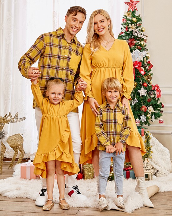 Long Sleeved Plaid Shirt And Yellow Ruffled High-low Dress Family Matching Outfits