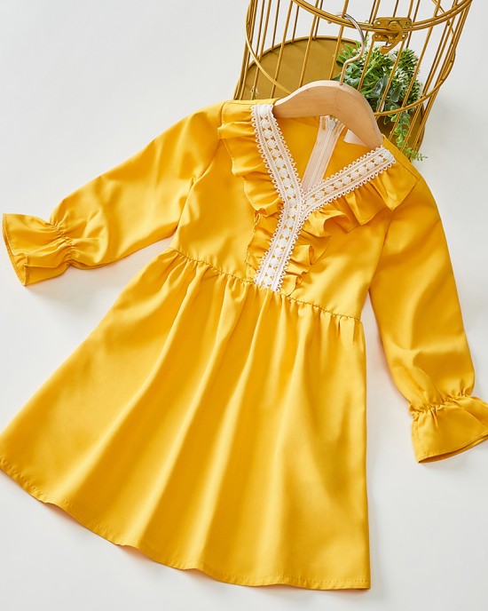 Sweet V-neck Long Sleeved Lace Stitching Yellow Mom Girl Matching Dress - 1397