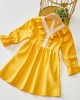 Sweet V-neck Long Sleeved Lace Stitching Yellow Mom Girl Matching Dress - 1397