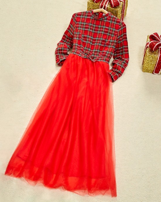 Christmas Red Plaid Mesh Stitching Mom Girl Matching Dress - 13202