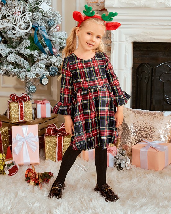 Long Sleeve Blue Plaid Mom Girl Matching Dress