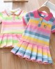 【18M-7Y】Girls Rainbow Striped Bunny Embroidered Short Sleeve Dress - 33145