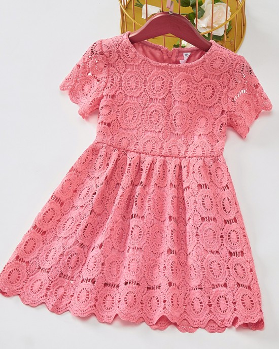 Sweet Pink Lace Short Sleeve Mom Girl Matching Dress - 13130