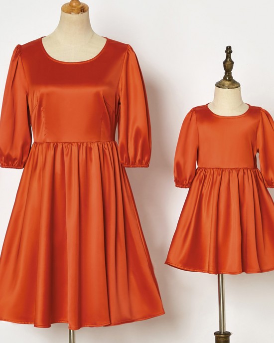 Sweet Orange Satin Round Neck Mom Girl Matching Dress