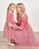 Classic Pink Velvet Mesh Long Sleeves Mom Girl Matching Dress - 13113