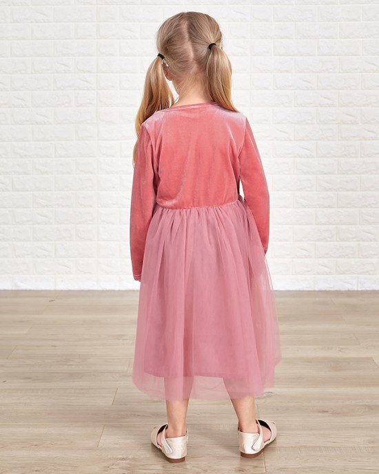 Classic Pink Velvet Mesh Long Sleeves Mom Girl Matching Dress - 13113