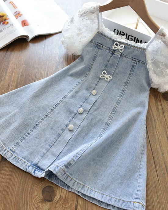 【18M-9Y】Girl Sweet Lace Puff Sleeve Denim Dress - 33189