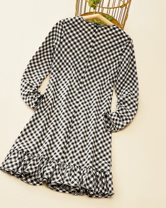 Sweet Black And White Plaid Sequined Bow Patch Round Neck Long Sleeves Mom Girl Matching Dress