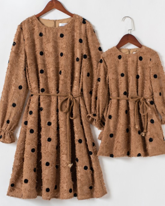 Sweet Khaki Polka Dot Long Sleeve Mom Girl Matching Dress - 13163