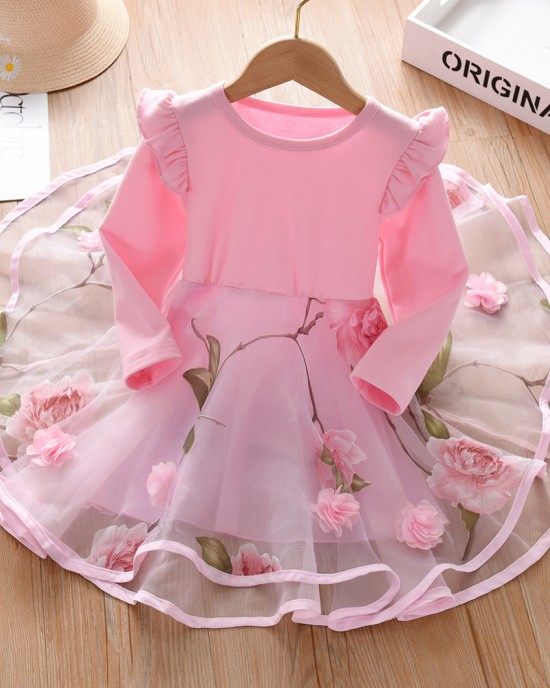 【18M-7Y】Children Clothes Girls Sweet Pink Flower Mesh Long-sleeved Dress - 33267