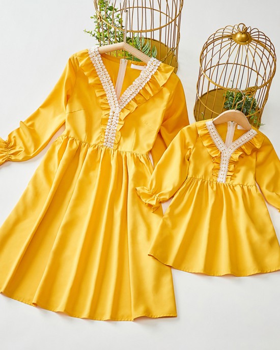 Sweet V-neck Long Sleeved Lace Stitching Yellow Mom Girl Matching Dress - 1397