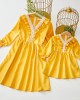 Sweet V-neck Long Sleeved Lace Stitching Yellow Mom Girl Matching Dress - 1397