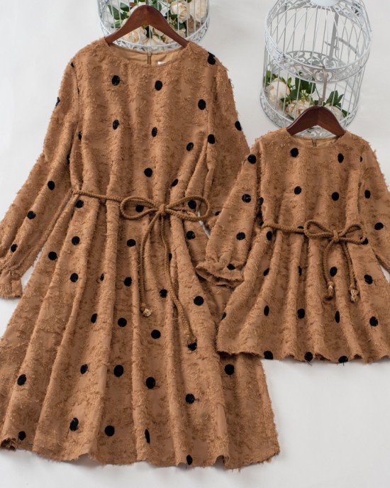 Sweet Khaki Polka Dot Long Sleeve Mom Girl Matching Dress - 13163