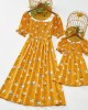 Sweet Flower Print Square Neck Puff Sleeve Yellow Mom Girl Matching Dress