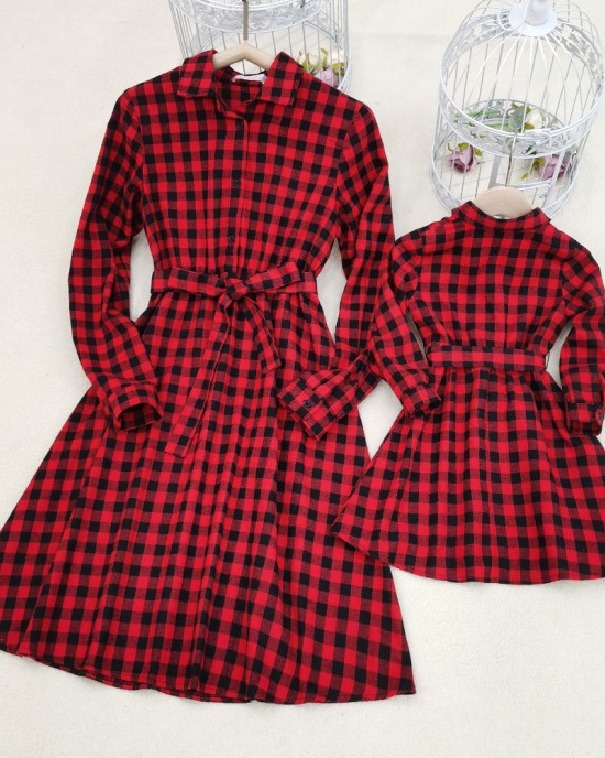 Classic Red Plaid Cotton Blends Long Sleeve Mom Girl Matching Dress - 1159