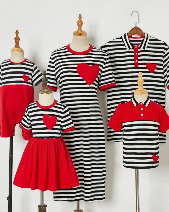 Casual Striped Red Heart-shaped Embroidery Family Matching Outfits - 1361