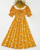 Sweet Flower Print Square Neck Puff Sleeve Yellow Mom Girl Matching Dress