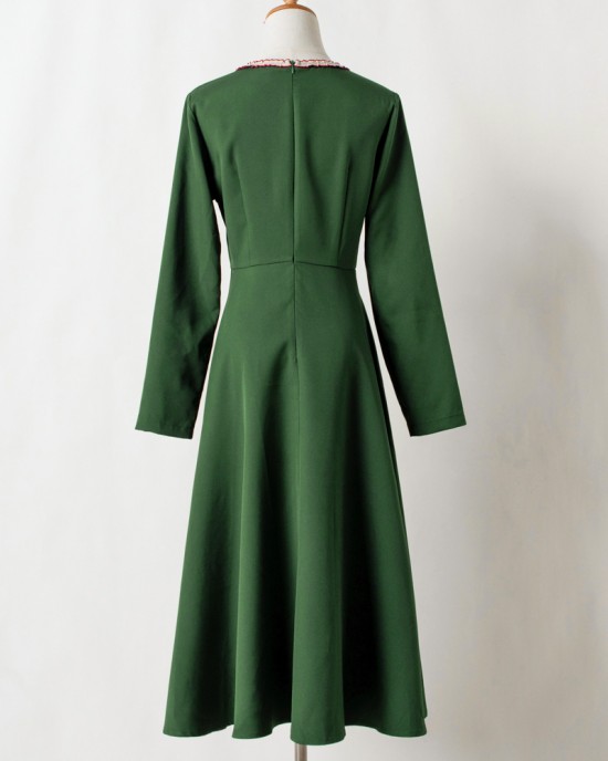 Elegant Golden Ribbon Green Long-sleeved Mom Girl Matching Dress - 13168