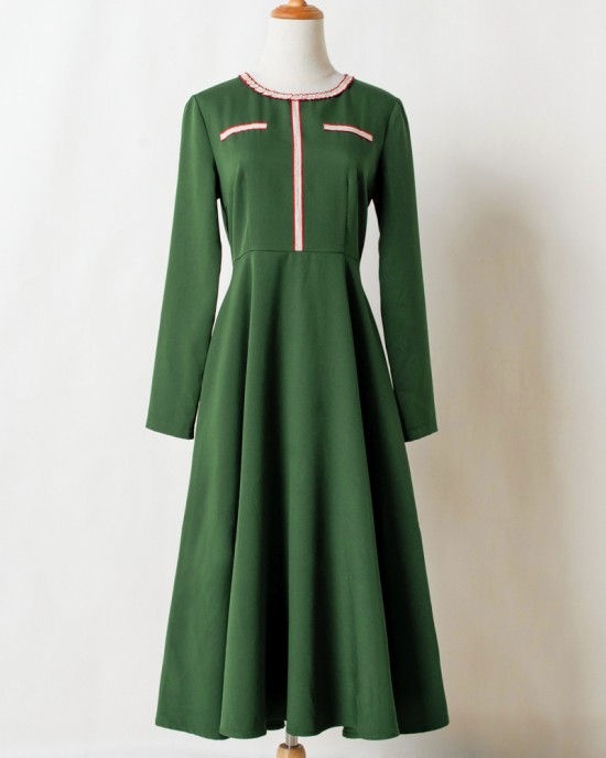 Elegant Golden Ribbon Green Long-sleeved Mom Girl Matching Dress - 13168