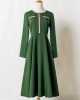 Elegant Golden Ribbon Green Long-sleeved Mom Girl Matching Dress - 13168