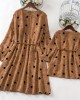 Sweet Khaki Polka Dot Long Sleeve Mom Girl Matching Dress - 13163