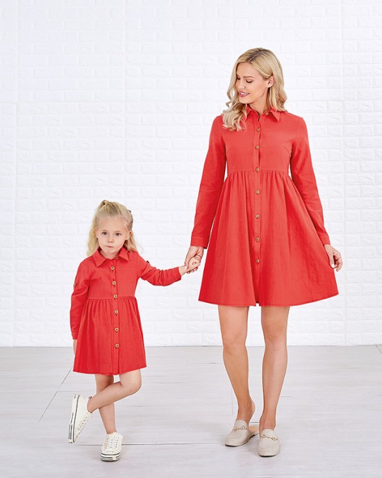 Sweet Red Cotton Blend Lapel Long Sleeves Mom Girl Matching Dress - 1390