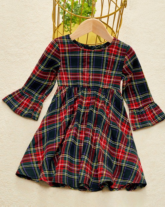 Long Sleeve Blue Plaid Mom Girl Matching Dress