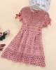 Pure Color Hollow Out Short Sleeve Mom Girl Matching Dress - 1357