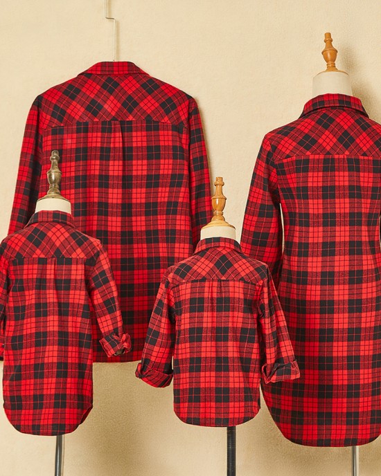 Classic Red Plaid Cotton Blends Long Sleeve Shirt Family Matching Outfits