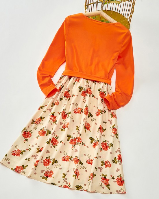 Sweet V-neck Long Sleeved Stitching Flower Orange Mom Girl Matching Dress