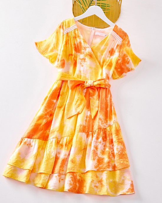 Sweet Orange Tie-Dye V-Neck Short Sleeve Mom Girl Matching Dress - 13109