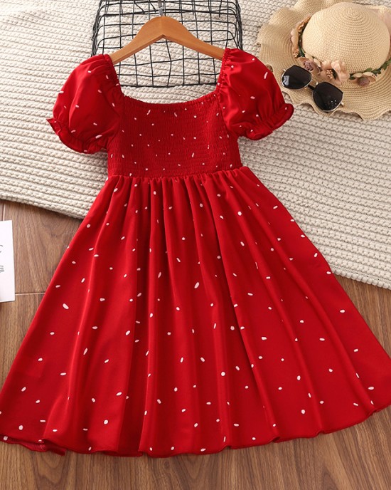 【4Y-13Y】Girls Sweet Polka Dot Print Puff Sleeve Dress - 33204