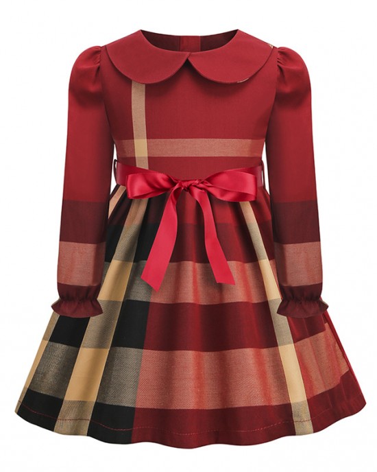 【18M-8Y】Girls Cotton Red Plaid Long Sleeve Dress - 33262