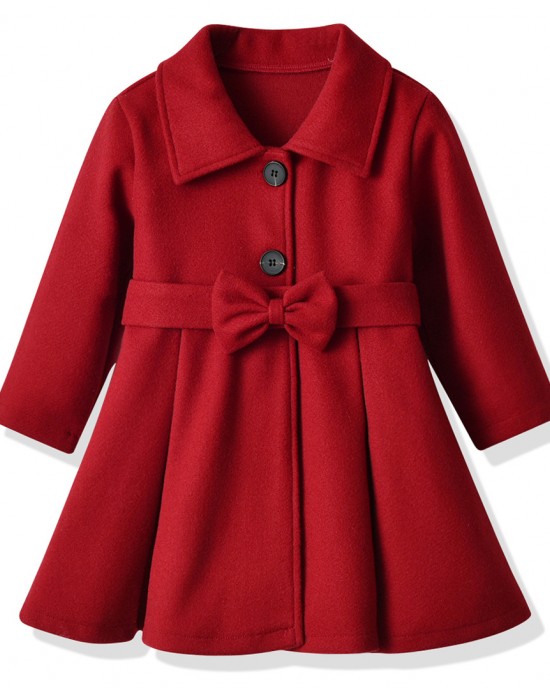 【18M-6Y】Girls Elegant Bow Belt Red Tweed Coat