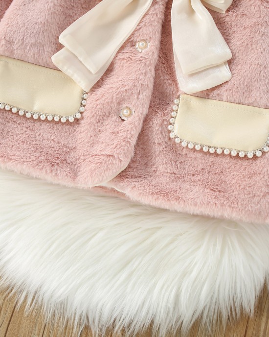 【12M-4Y】Girls Sweet Bow And Pearl Faux Fur Coat