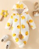 【0M-18M】Baby Girl Cute Duck And Heart Shape Print And Bow Hooded Romper