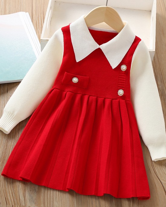 【18M-6Y】Girls Fashionable Fake Two Piece Lapel Sweater Dress