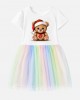 【12M-7Y】Girl Christmas Bear Print Cotton Stain Resistant Cartoon Splicing Tulle Short Sleeve Dress