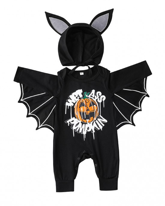 【6M-3Y】2-piece Baby Halloween Print Black Bat Romper With Hat