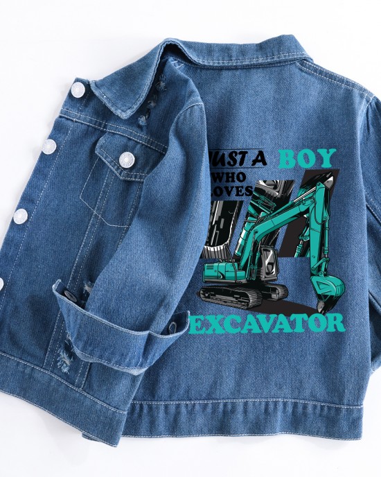 【2Y-10Y】Boys Letter And Excavator Print Blue Denim Jacket