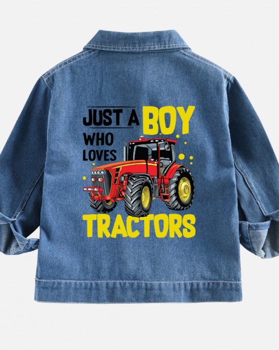 【2Y-10Y】Boys Casual Letters And Tractor Print Blue Denim Jacket