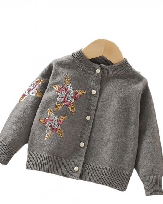 【2Y-8Y】Girls Fashion Sequin Star Embroidered Long Sleeve Sweater Cardigan