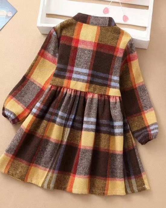 【18M-7Y】Girls Fashion Stand Collar Plaid Long Sleeve Dress