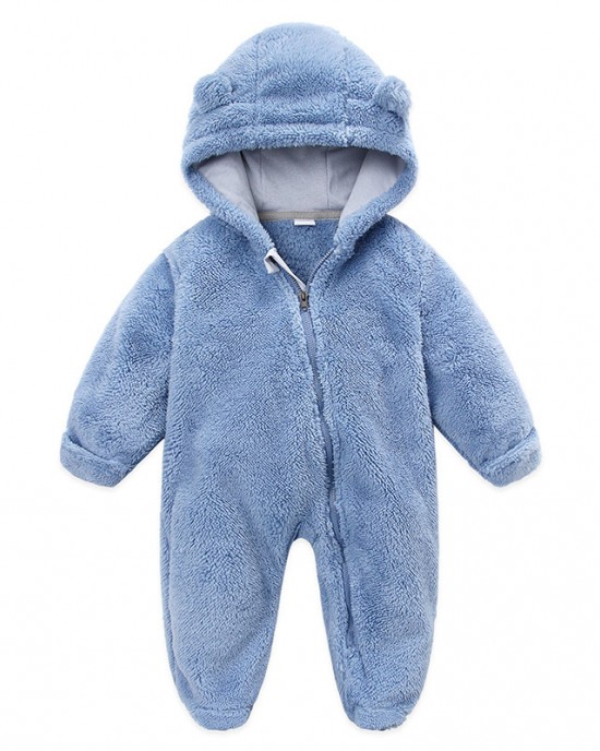 【0M-12M】Unisex Baby Thickened Fleece Hooded Bodysuit Coral Fleece Romper